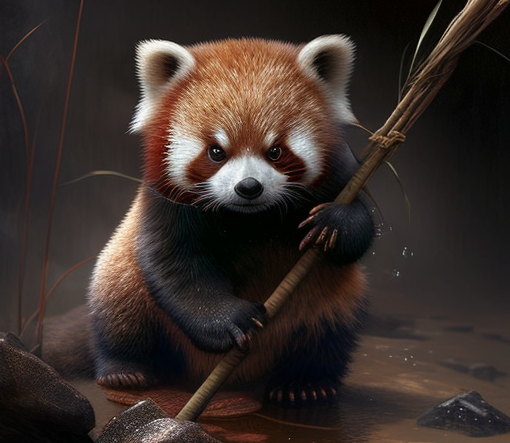 A fighting red panda holding a bamboo stick
